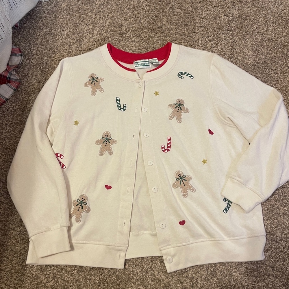 Vintage Cream Cardigan candy cane gingerbread Embroidery L cottage core grandma